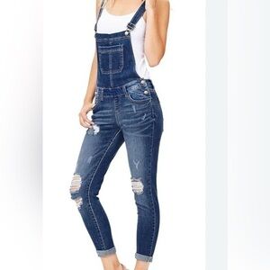 Dark Denim Overall Women's Distressed With Button Up Sides Pockets Ripped Legs